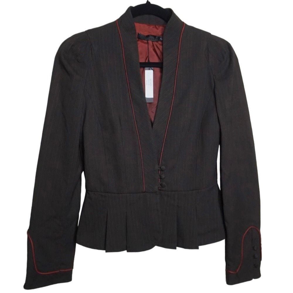 Development Pinstripe Brown Fitted‎ Blazer Ruffle Red Piping Sz 2 NWT Women's